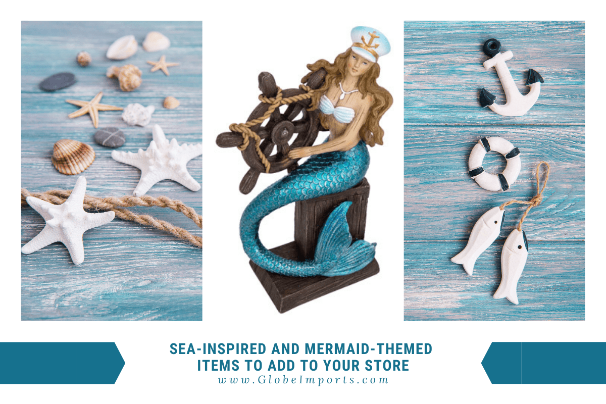 seashells mermaid statue and nautical wall decor