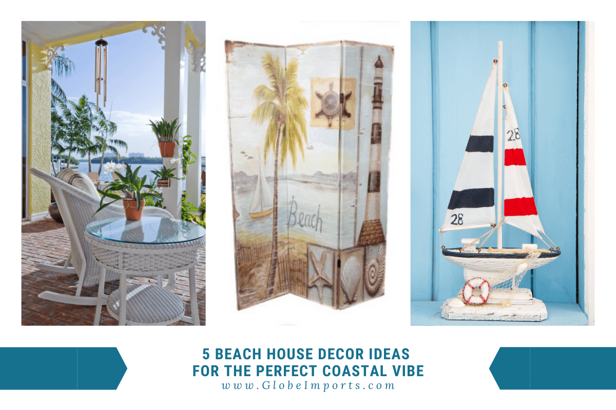 wicker furniture, beach wall divider, sailboat statue coastal nautical beach house decor