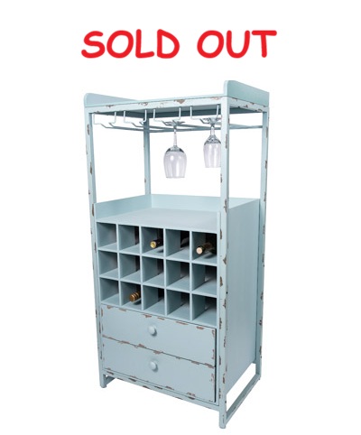 46 3/4 Inches H x 22 Inches W x 15 1/4 Inches D Distressed Blue Wine Rack Cabinet