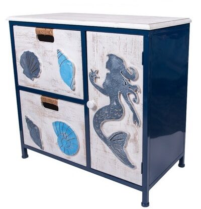 28 3/4 Inches High x 28 Inches Wide x 14 1/2 Inches Deep Wooden Mermaid and Shells Cabinet