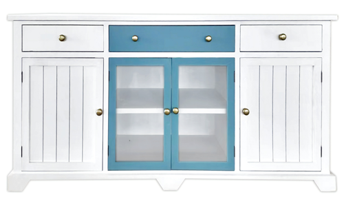 70 Inches Wide White and Blue Cabinet with Doors and Drawers